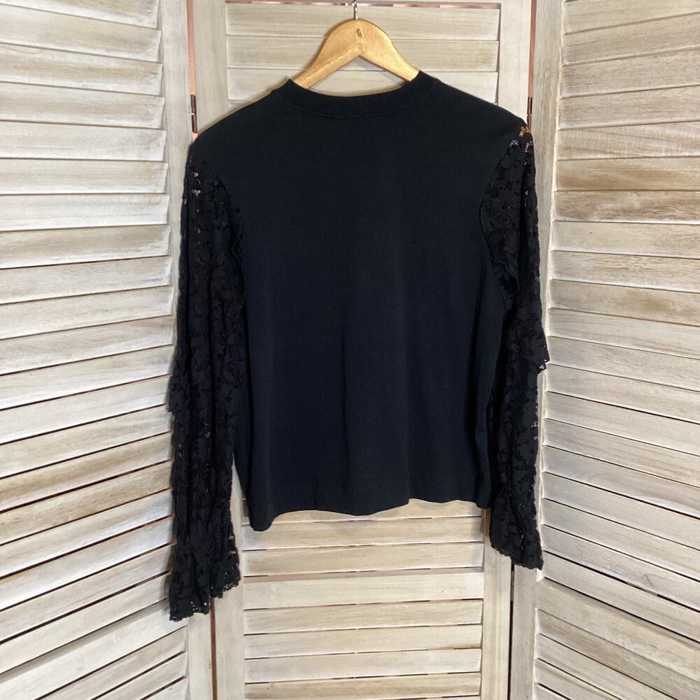 See by Chloe Cropped T Shirt Long Lace Ruffle Sleeve Black Cotton S - Picture 8 of 12